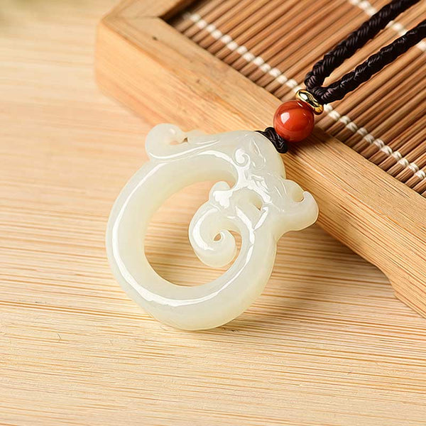 White Jade Cyan Jade Dragon Pendant – white jade chi dragon on bamboo mat, cultural