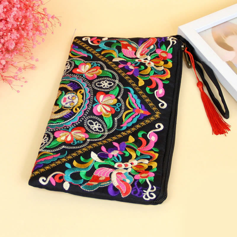 Dragon Butterfly Embroidery Wallet - Angled clutch with butterfly-floral embroidery, Vintage