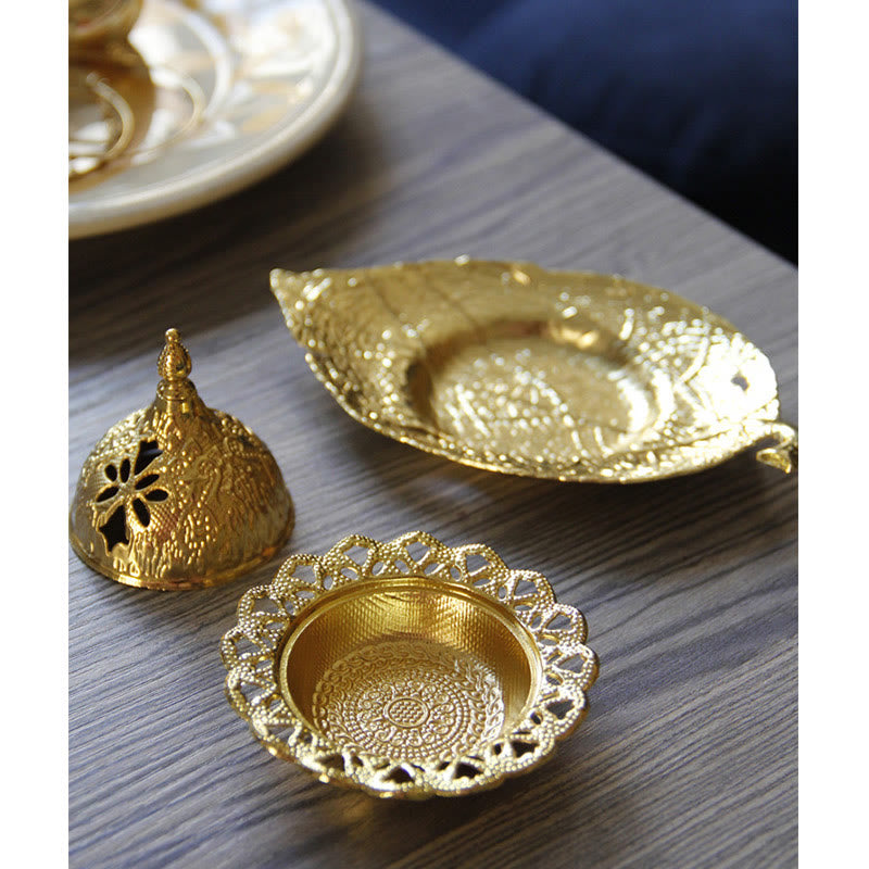 Tibetan Gold Leaf Coaster Incense Burner – Three-piece gold set dome lid leaf tray and pierced bowl, brass incense accessories