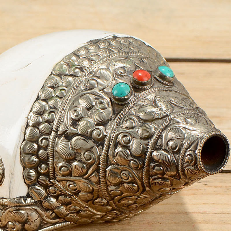 Tibetan Shankha Conch Shell Decoration – Silver-mounted conch on white background, full spiral form, turquoise coral, Ceremonial