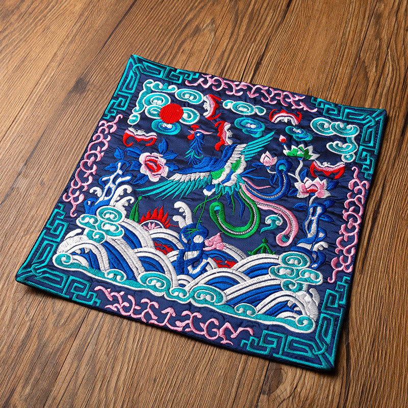 Phoenix Dragon Kirin Embroidery Tea Cup Mat - Navy phoenix with lotus waves on wood, Ornate Embroidery