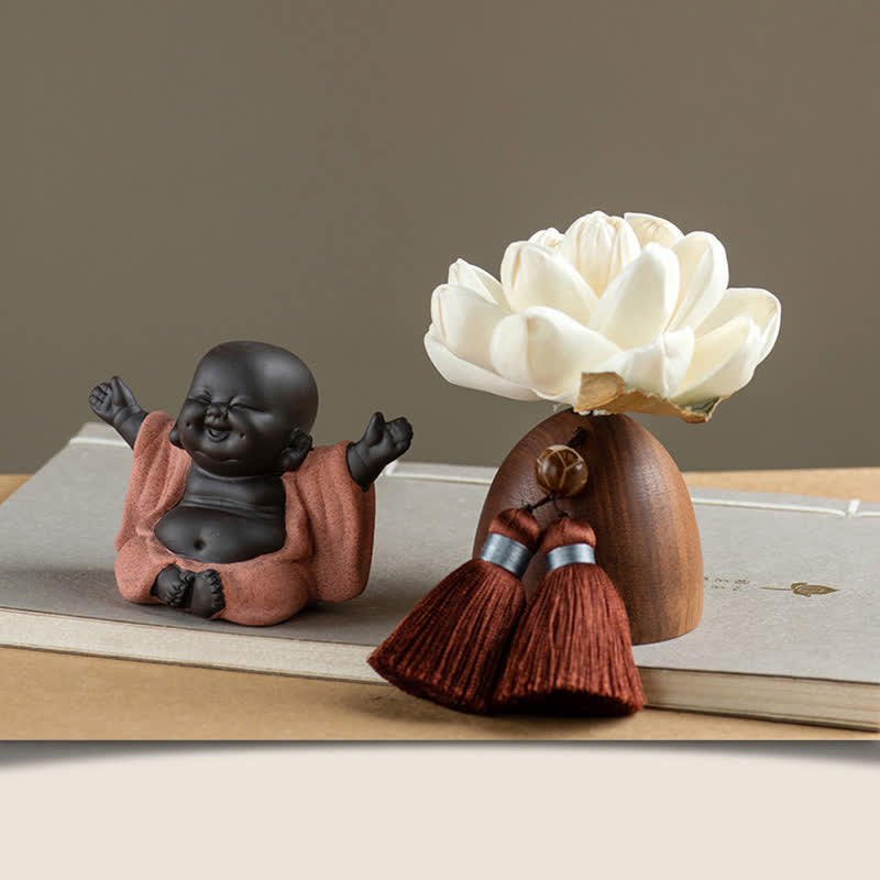 Black Peach Wood Buddha Flower Decoration – displayed on white shelf with plant, minimalist home styling