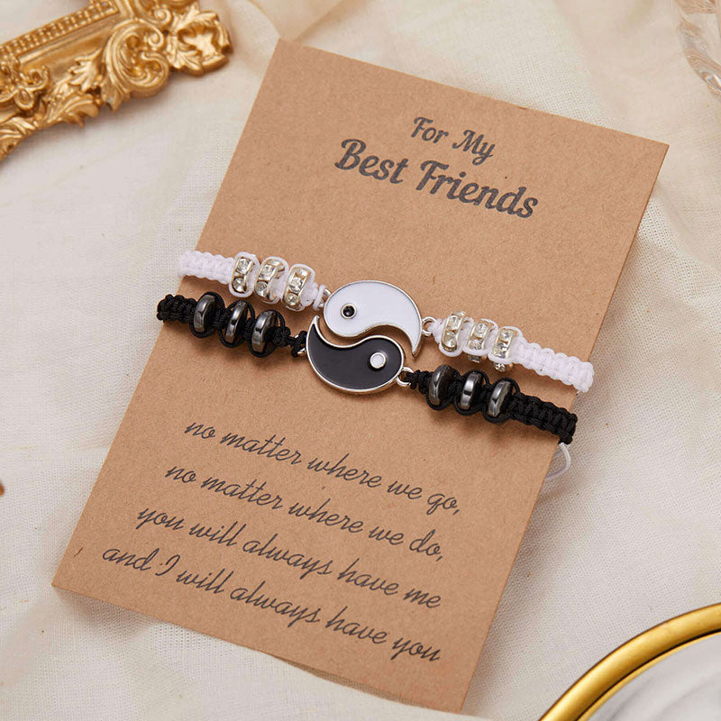 Yin Yang Hematite Bracelet - Matching set on kraft card with friendship poem, gold frame styling
