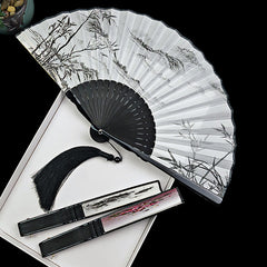 Vintage Silk Folding Fan - Blue peony and ink bamboo on white silk pleated surface, floral fan
