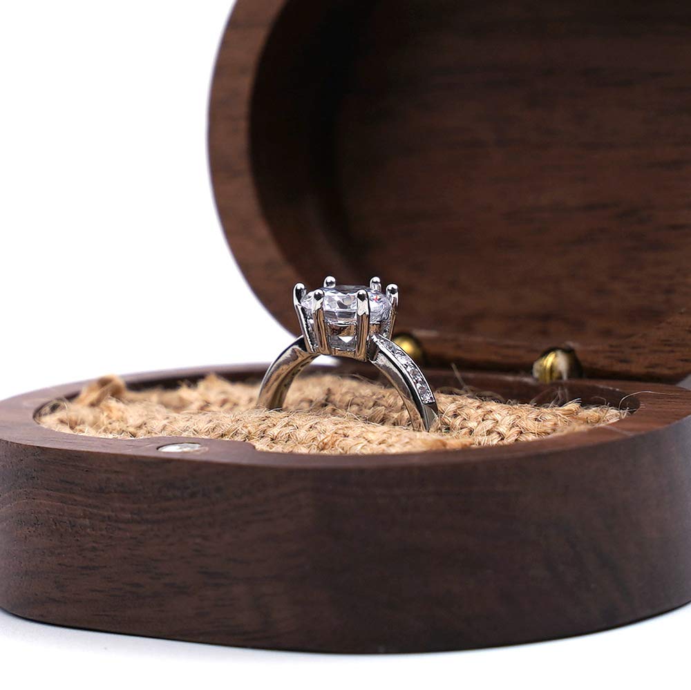 Mr & Mrs Walnut Wood Ring Box – hero angle with engagement ring, low perspective studio shot