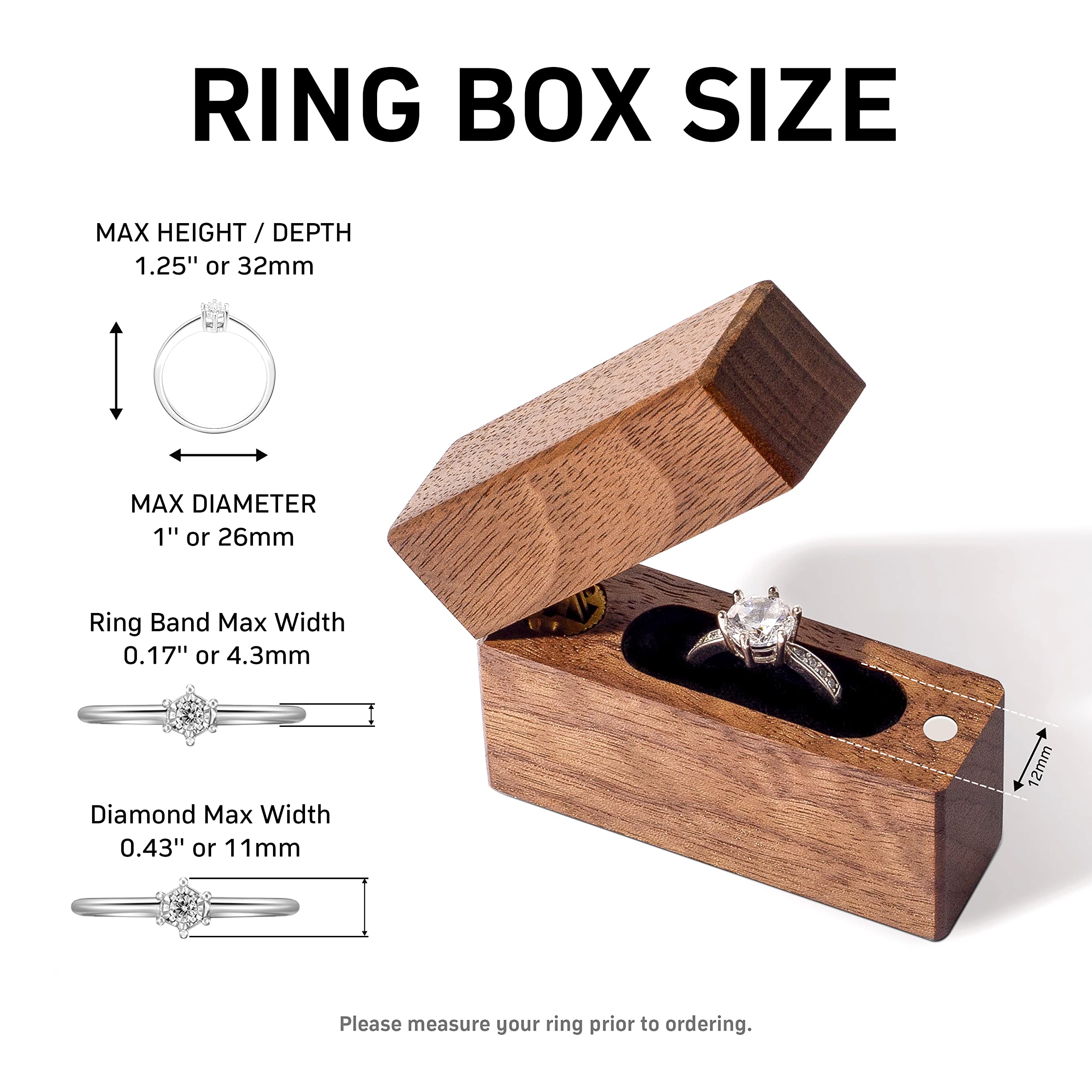 Slim Walnut Wood Ring Box – size diagram showing 2.36 x 0.7 x 1.65 inches, compact dimensions