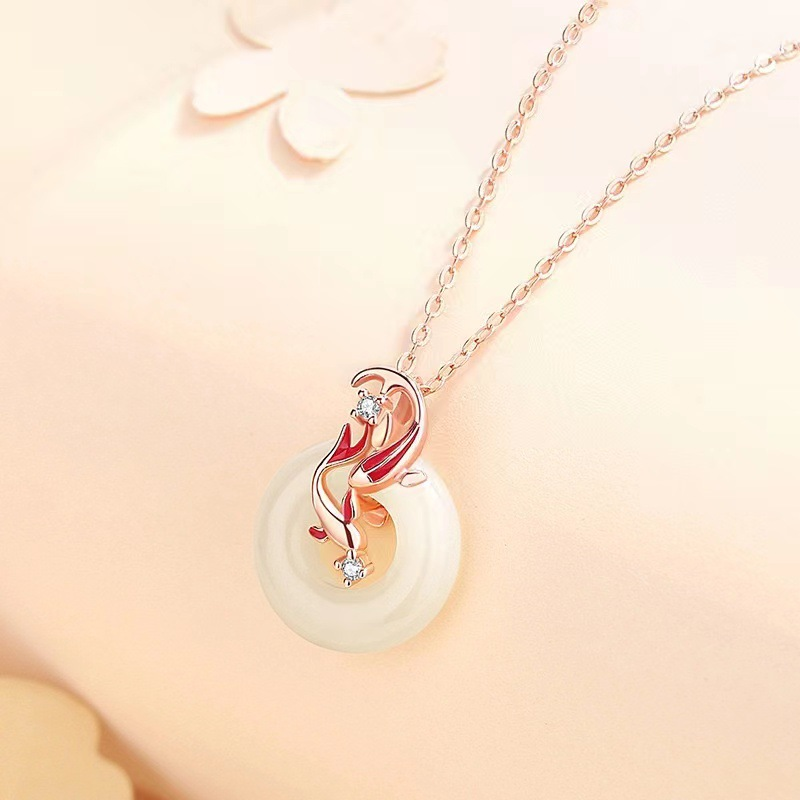 Koi Fish Peace Pendant – rose gold koi and jade disc on soft pink with petals, romantic luck necklace