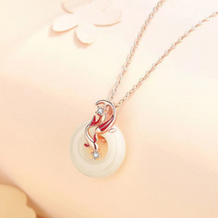 Koi Fish Peace Pendant – rose gold koi and jade disc on soft pink with petals, romantic luck necklace