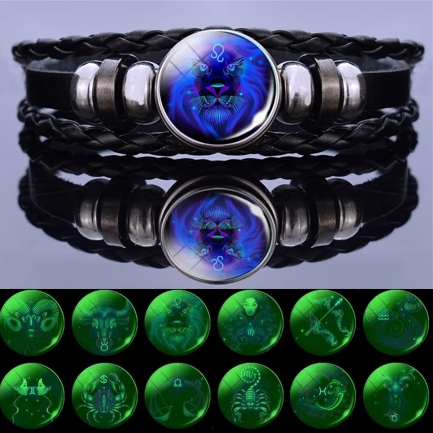 Zodiac Leather Wrap Bracelet – Leo charm with 12 glow-in-the-dark zodiac variants in green