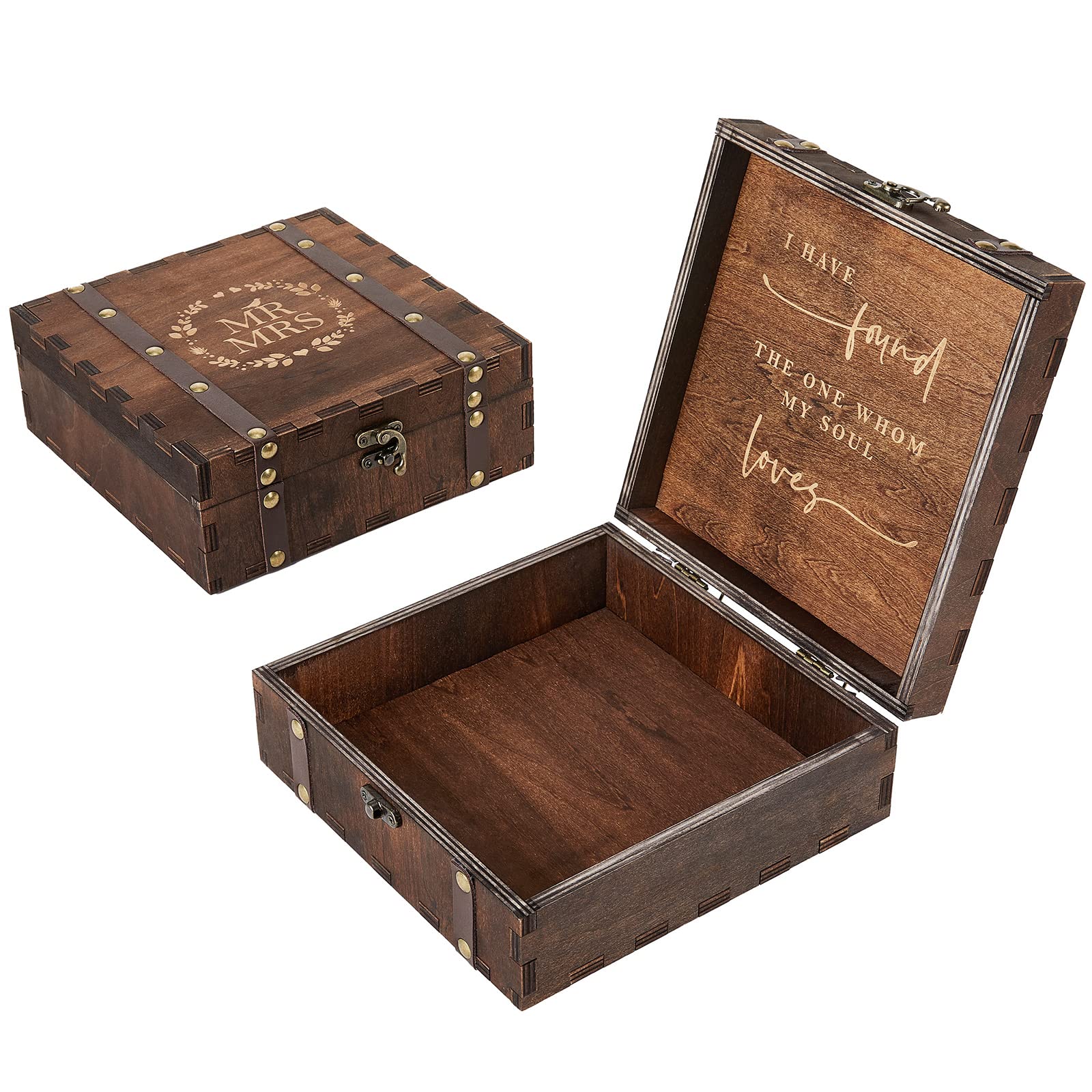Mr Mrs Wooden Keepsake Box – closed and open dual view showing MR MRS engraving and interior inscription