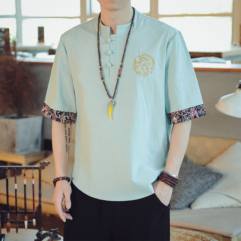 Dragon Embroidery Frog-Button Linen Tang Suit Shirt - Mint green with gold chest embroidery, fresh