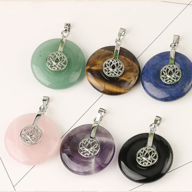 Crystal Amethyst Pink Crystal Lotus Necklace – Six lotus donut pendant variants in all available gemstones, full collection display