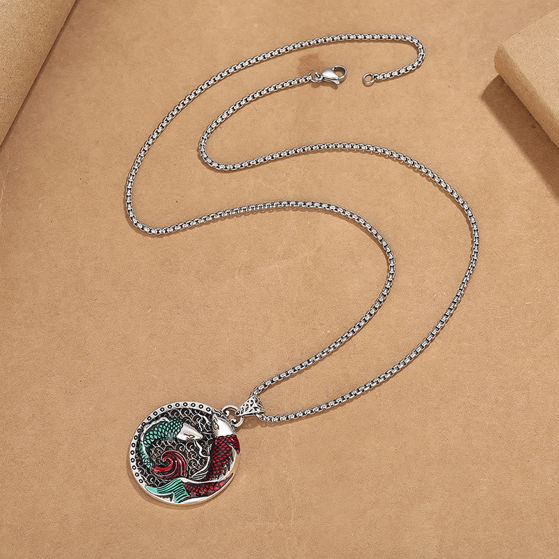 Tibetan Copper Koi Fish Healing Necklace – worn on model, copper pendant at collarbone