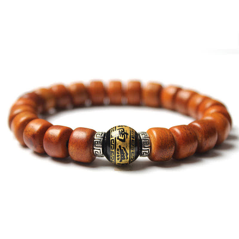 Tibetan Bone Beads Om Mani Padme Hum Bracelet – gold Buddha focal with Greek key caps on wood beads, mantra bracelet