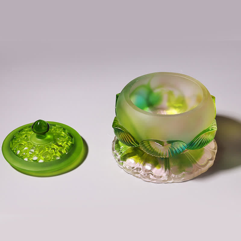 Feng Shui Lotus Liuli Crystal – green lotus vessel with pierced lid and finial, fortune piece