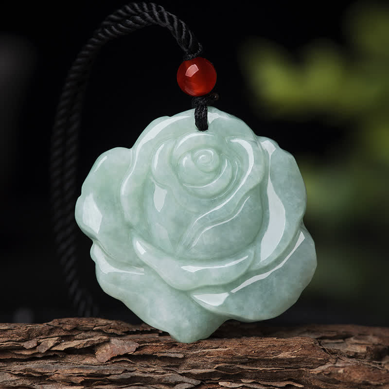Lotus Pattern Jade Prosperity Necklace - jade rose on natural wood bark, green pendant