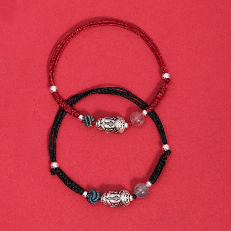 Silver PiXiu Strawberry Quartz Bracelet – Two bracelets in circle on red with PiXiu quartz