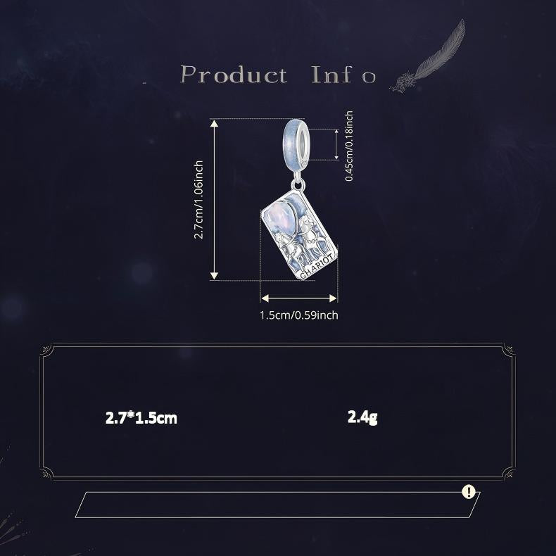 Tarot Silver Charm – The Chariot charm with moonstone cabochon on dark cosmic background