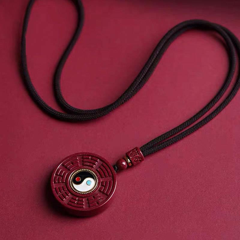 Cinnabar Bagua Rotatable Yin Yang Necklace – Red cinnabar Bagua trigram necklace, braided cord, traditional amulet