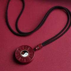 Cinnabar Bagua Rotatable Yin Yang Necklace – Red cinnabar Bagua trigram necklace, braided cord, traditional amulet