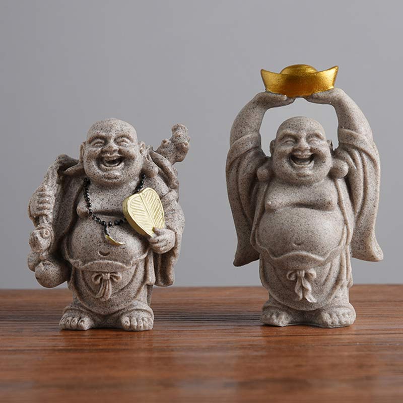 Laughing Buddha Resin Statue - pair of stone-textured Budai figurines with gold ingot and fan, dual display, Auspicious