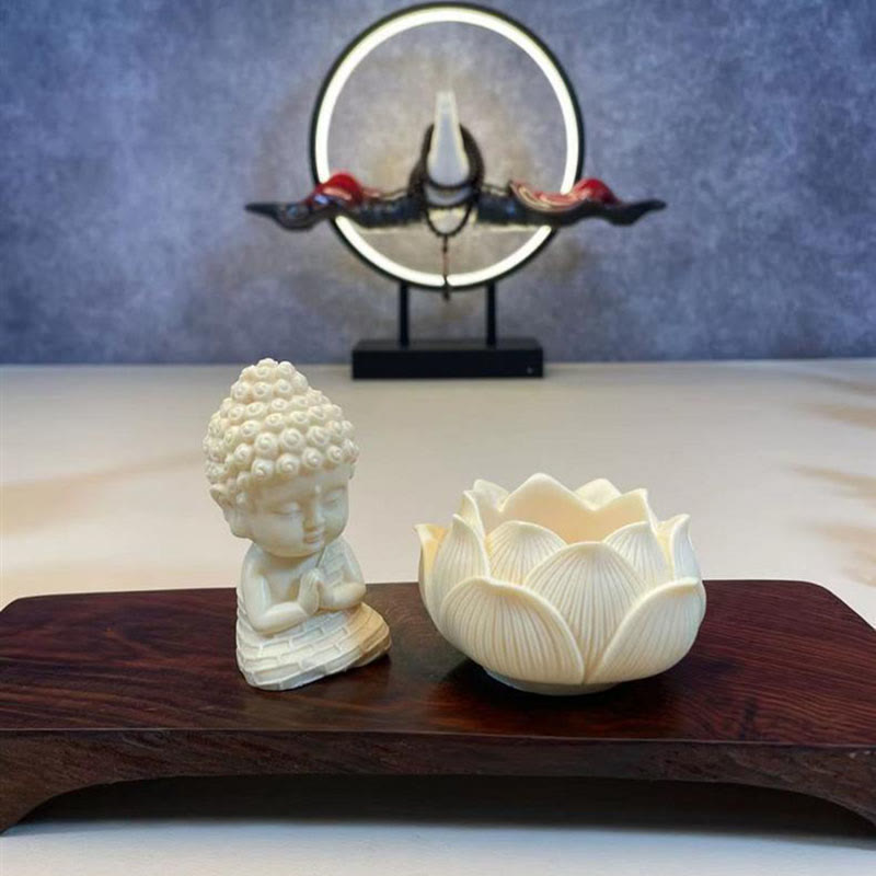 Mini Ivory Fruit Buddha Lotus Serenity Desk Decoration – Compact ivory-fruit sage with gentle smile, tranquil office accent