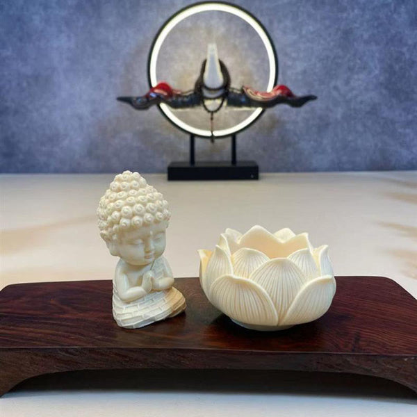 Mini Ivory Fruit Buddha Lotus Serenity Desk Decoration – Compact ivory-fruit sage with gentle smile, tranquil office accent
