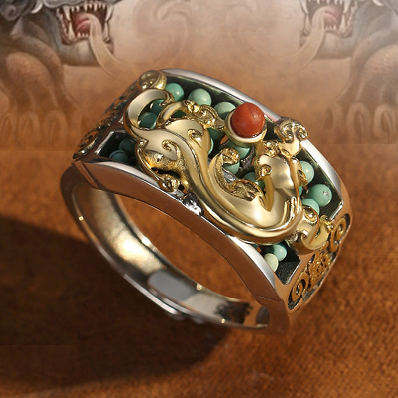 Silver PiXiu Ring – Side angle gold PiXiu carving and turquoise inlay against PiXiu background graphic