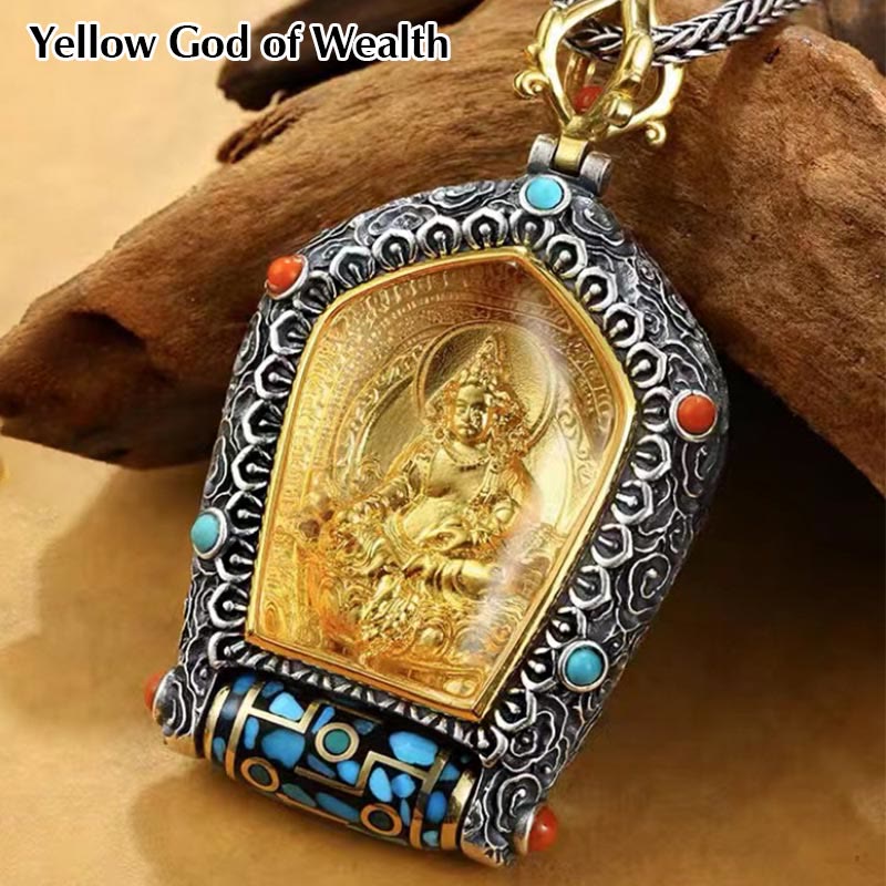 Tibetan Zodiac Buddha Dzi Bead Necklace – Gold Medicine Buddha in silver frame with turquoise coral accents and prayer wheel, natural wood prop, warm earthy background three-quarter