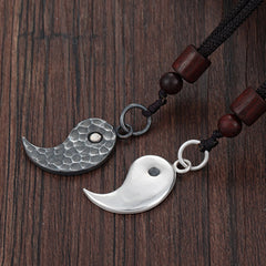Sterling Silver Yin Yang Pendant - Matching couples yin-yang teardrop pair on black cord with wood beads, couple necklace set