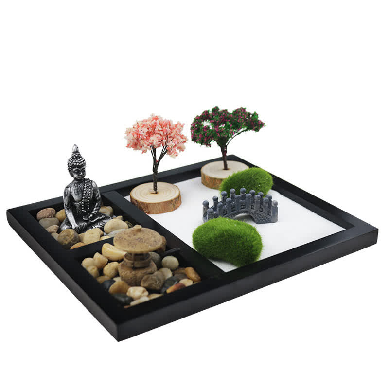 Buddha Zen Garden Decoration - Angled view miniature zen garden with Buddha, decorative trees, stone bridge, pebbles