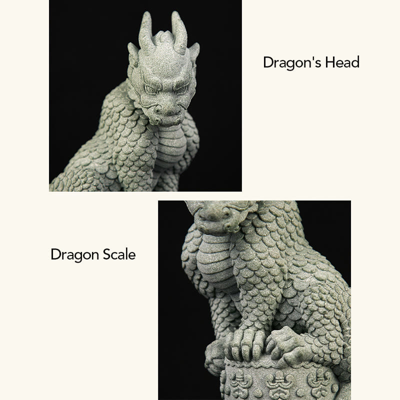 Feng Shui Dragon Sandstone Statue three-angle view with 27cm dimensions, gray-green stone, precise, collectible