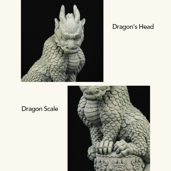 Feng Shui Dragon Sandstone Statue three-angle view with 27cm dimensions, gray-green stone, precise, collectible