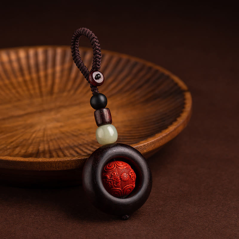 Tibetan Om Mani Padme Hum Sandalwood Cinnabar Protection Keychain – mantra bead style on wooden plate, sandalwood keychain
