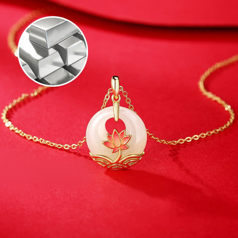 Sterling Silver Hetian White Jade Lotus Necklace – gold lotus on jade with 925 silver, protection