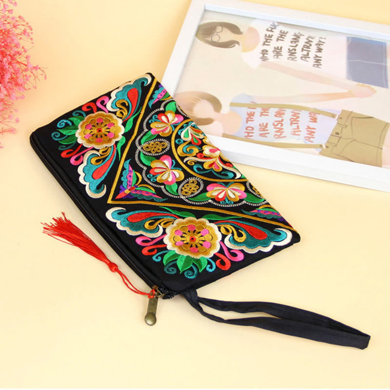 Dragon Butterfly Embroidery Wallet - 3/4 view with gold medallions and red tassel, Lush