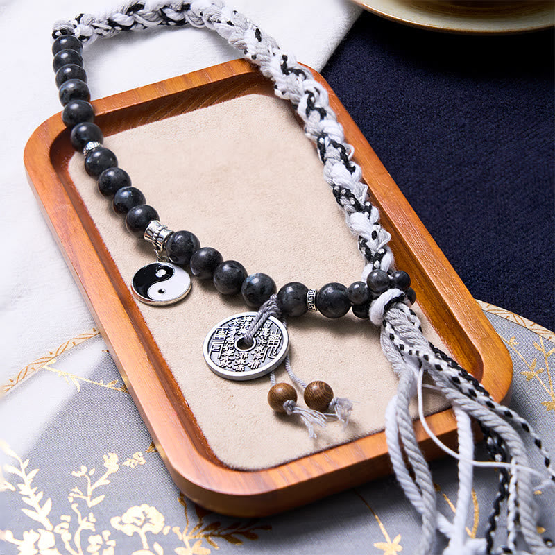 Mountain Ghost Yin Yang Bracelet - obsidian beads with bagua coin on fabric, protection bracelet