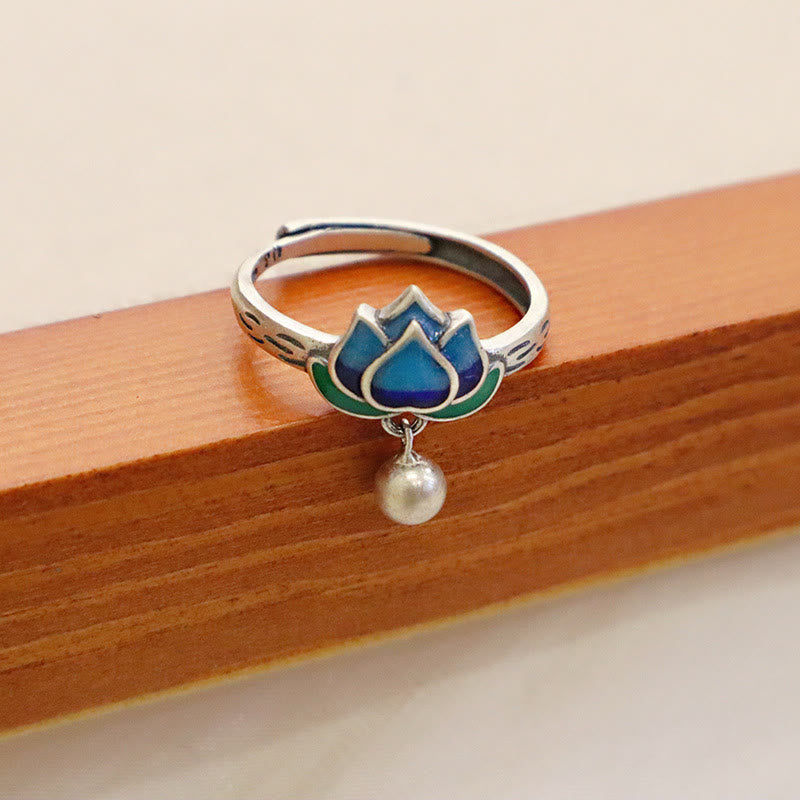Lotus Flower Copper Ring - vintage oxidized silver lotus with blue enamel on wood, artisan