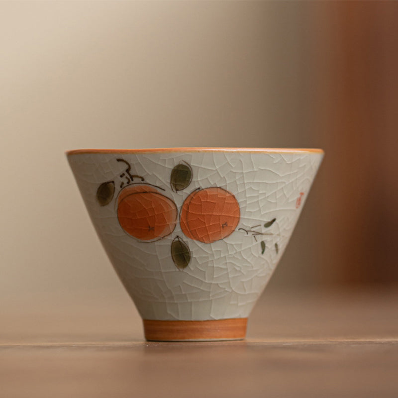 Persimmon Koi Teacup – side profile with lotus pond pattern, ceramic teaware