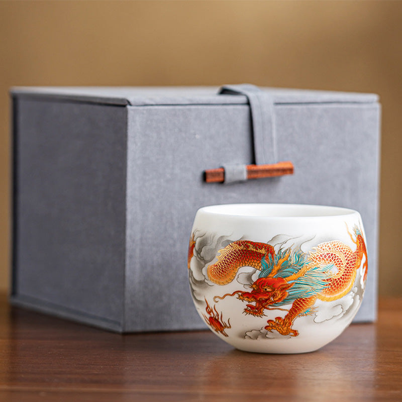 Dragon Phoenix Clouds Ceramic Teacup Gift Set – Orange-red and turquoise dragon, fabric box with wooden toggle
