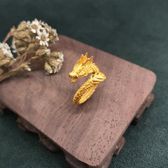 Golden Dragon Success Strength Ring - dragon open ring showing scale texture and interior detail