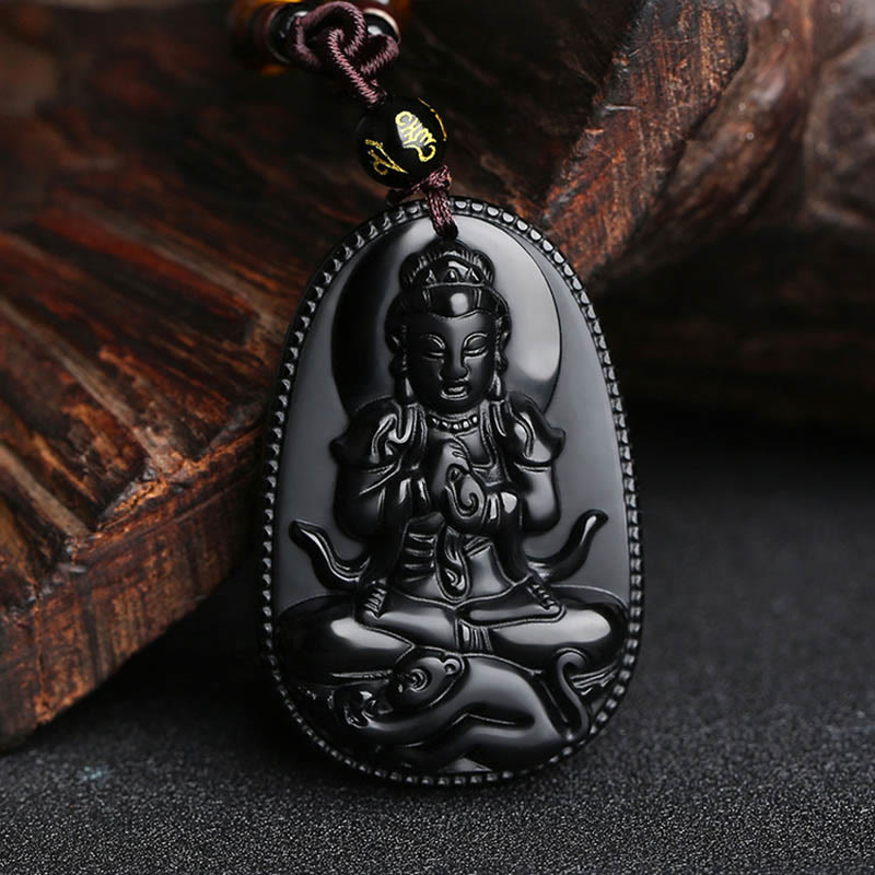 Chinese Zodiac Buddha Black Obsidian Necklace – Acala Wisdom King with sword and noose on obsidian, wrathful guardian carving with gold Sanskrit bead, dark wood
