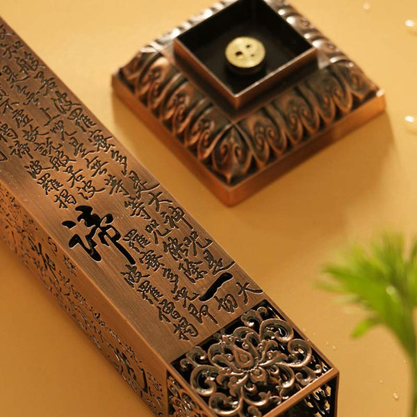Heart Sutra Incense Burner – tower and square base diagonal view, artisanal