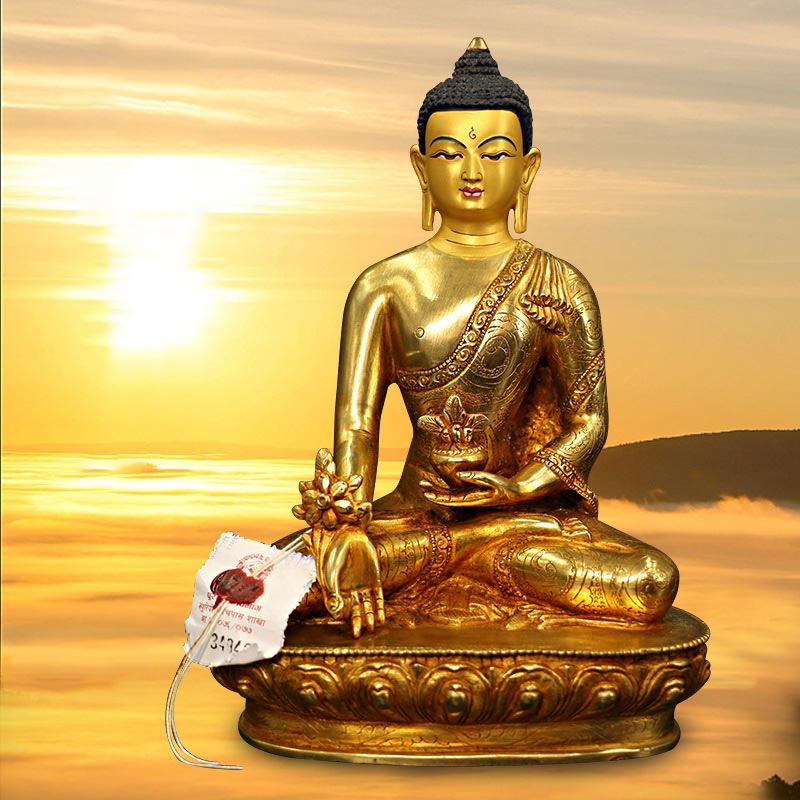 Shakyamuni Medicine Buddha Statue – front view gold plated deity statue, medicine buddha compassion decor