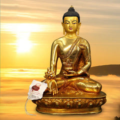 Shakyamuni Medicine Buddha Statue – front view gold plated deity statue, medicine buddha compassion decor