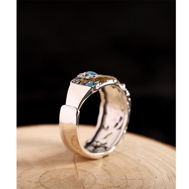 Sterling Silver Lotus Koi Ring - Adjustable open band with enamel lotus koi on wood, nature ring