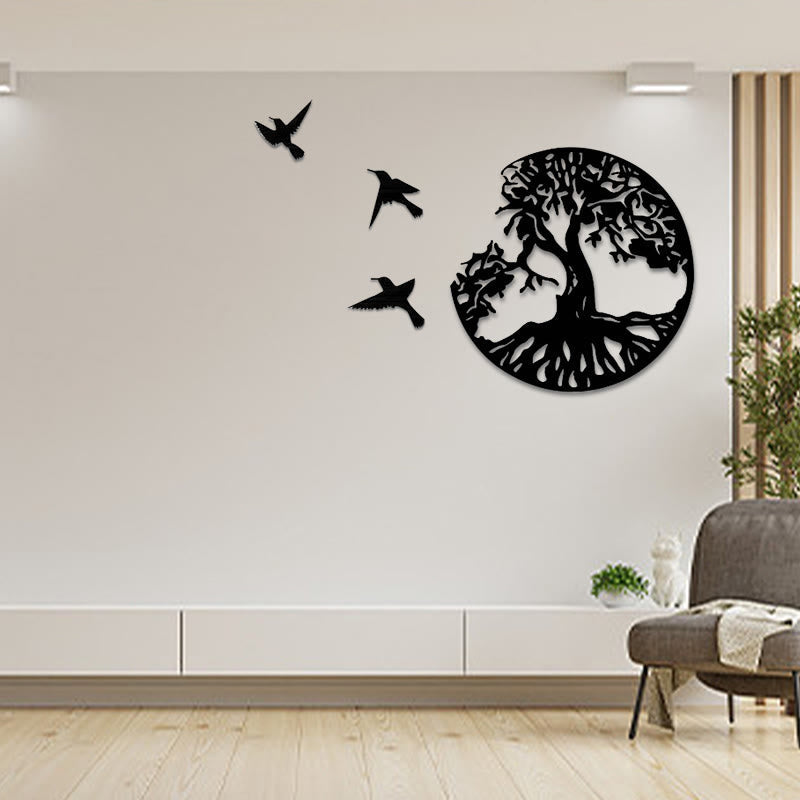Tree of Life Birds Wall Art - black tree with three birds on white wall between sconces in modern living room
