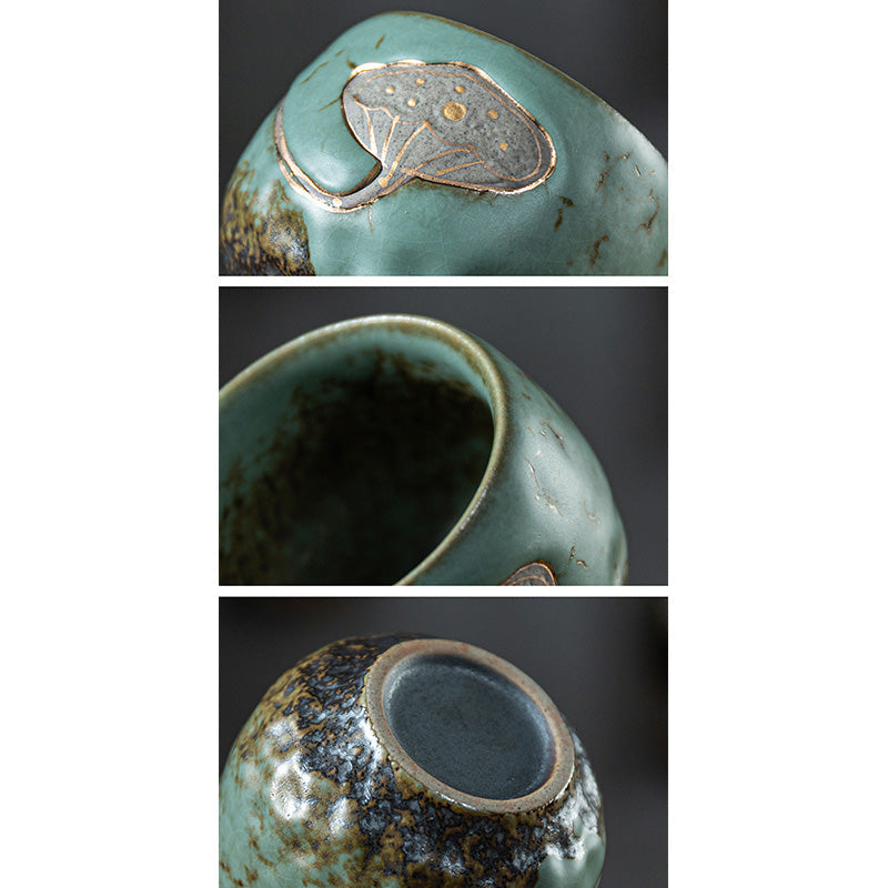 Lotus Pod Ceramic Kung Fu Tea Cup - Three-angle detail showing glaze texture and base, artisan
