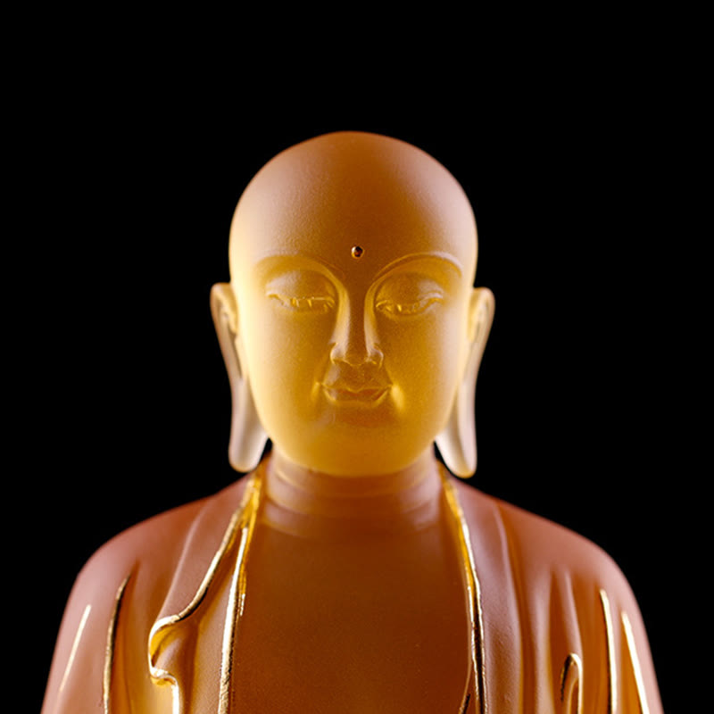 Ksitigarbha Liuli Crystal Figurine – Rich caramel swirls in solid glass body, handmade statue