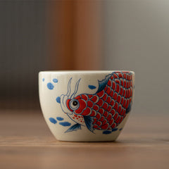 Koi Arowana Teacup – side profile with peony bloom pattern, 60ml ceramic cup